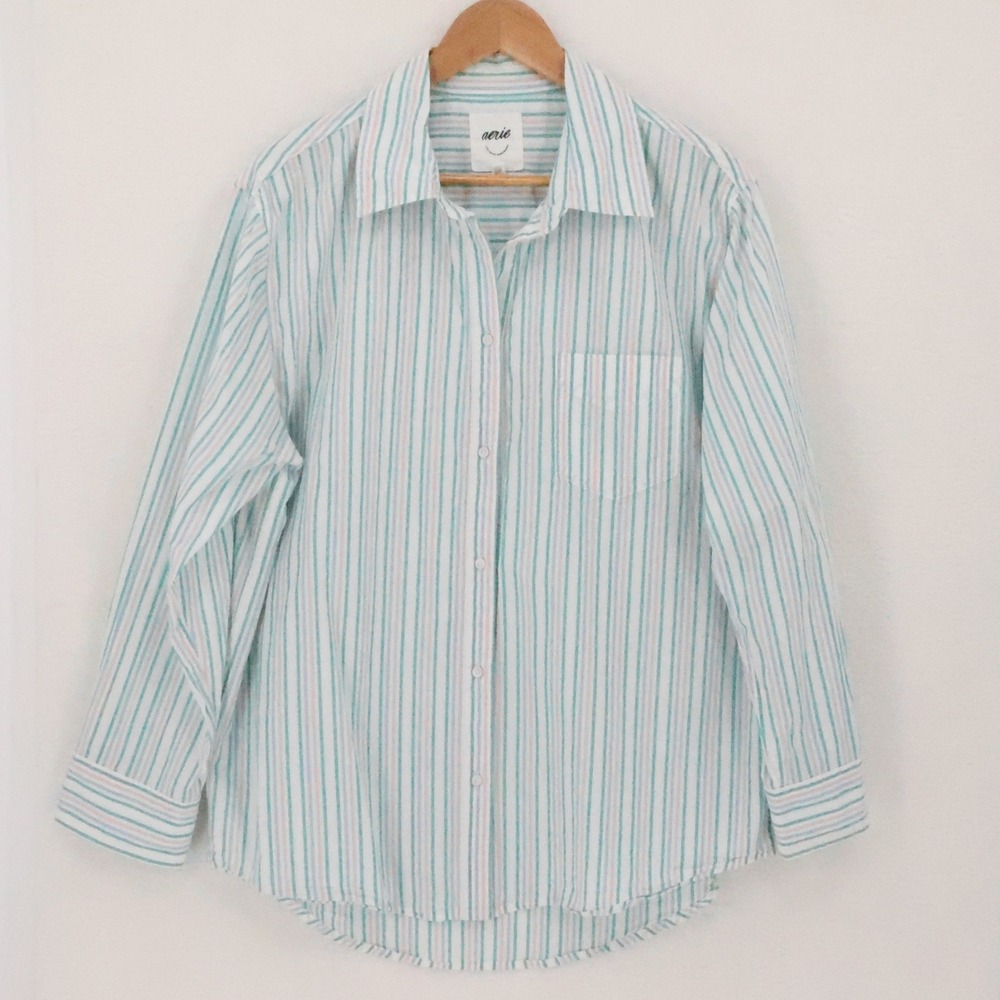 Aerie Striped Button Shirt Womens Size M Cotton Coastal‎ Pocket Beachy Pastel